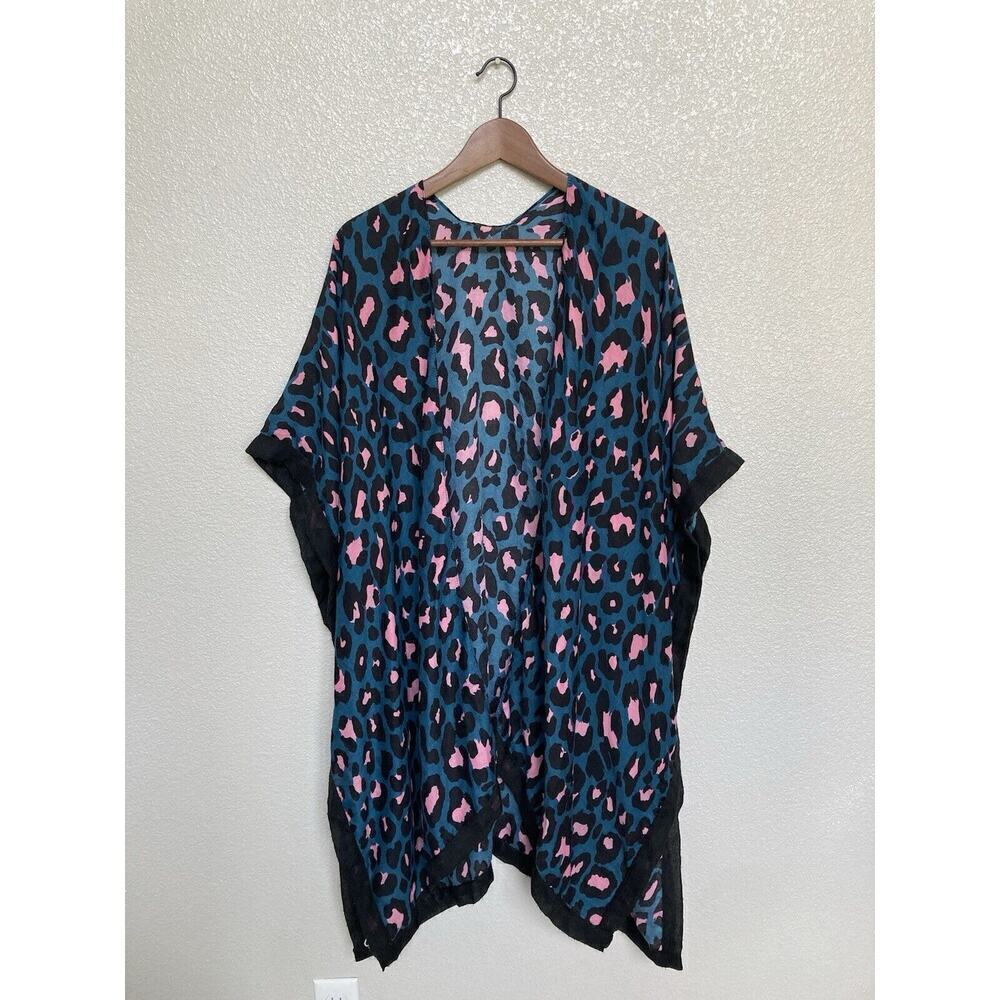 Styline blue pink leopard kimono knit wrap light weight multi one size travel